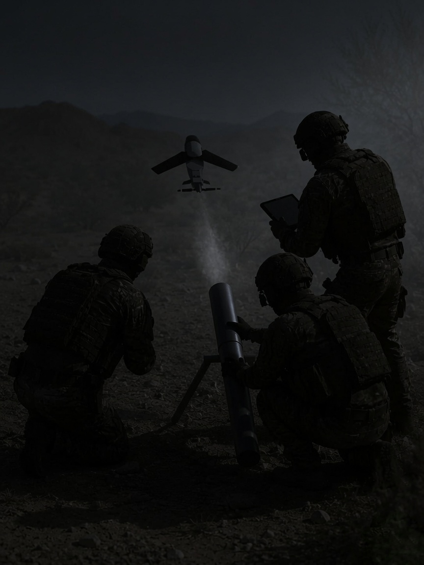 Field team operating a tube-launched loitering system at dusk